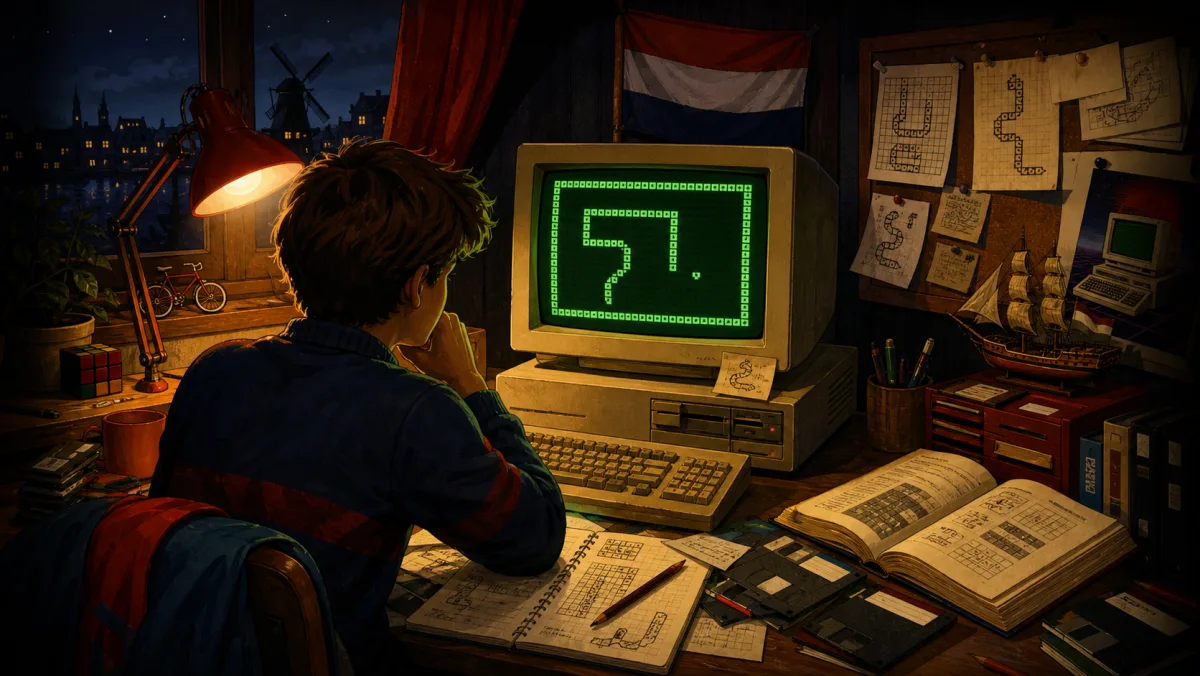 A young 1988 hobby programmer at a glowing CRT computer with notes, floppy disks, and a snake maze on screen.