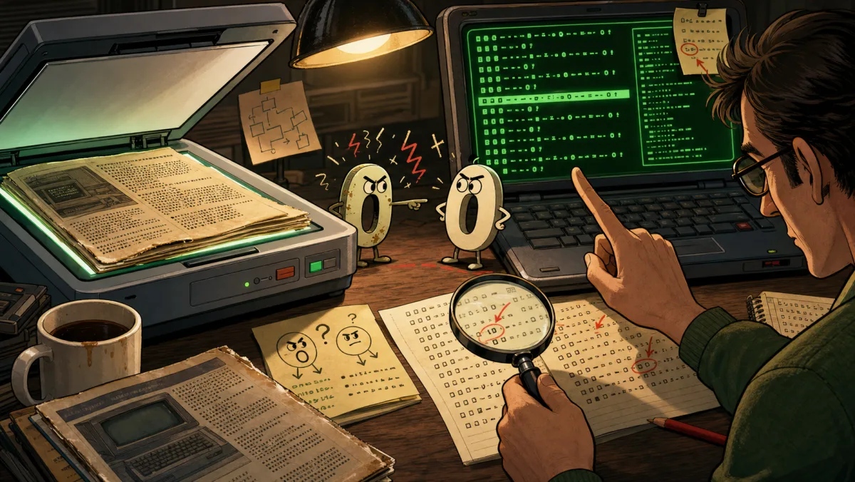 Old magazine pages being scanned while a zero and a capital O argue under a magnifying glass.