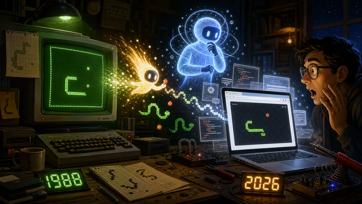 An old CRT BASIC game transforming into a modern browser game with two glowing AI helper silhouettes.