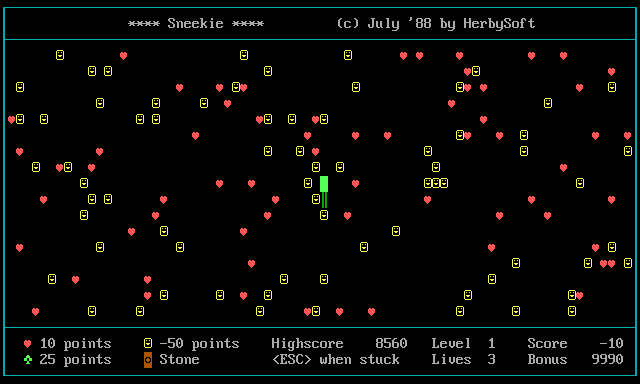 Autoplay gameplay on the open arena: the snake sweeps the empty playfield eating hearts.