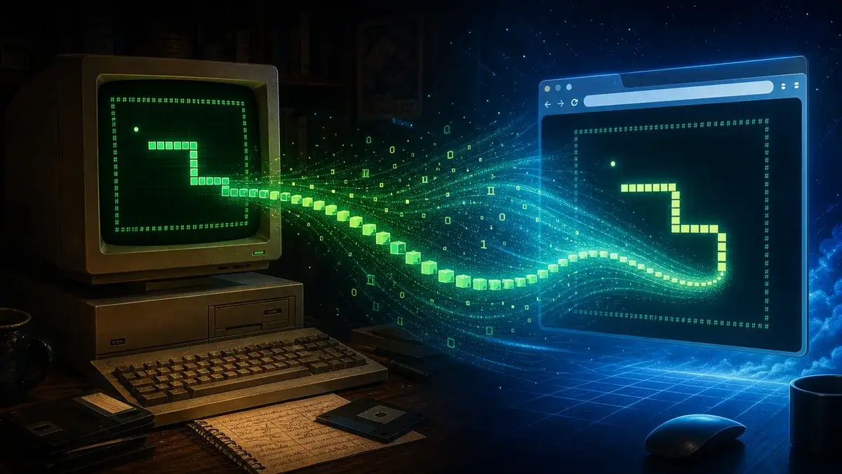 A short-lived AI comet carries a 1988 BASIC snake game into a glowing browser port.