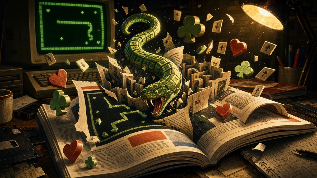 Een 3D-Sneekie-slang scheurt uit het gedrukte magazine terwijl harten en klavers van de pagina springen.