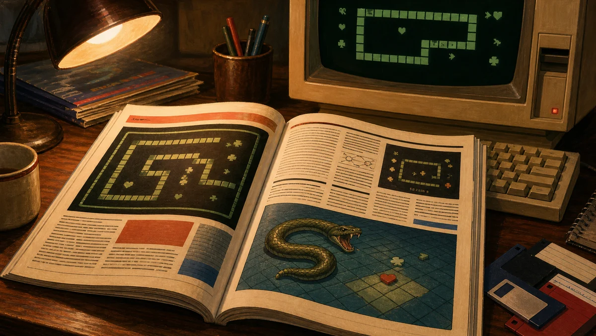 Een open computertijdschrift uit 1988 met een afgedrukte Sneekie-screenshot op een bureau.