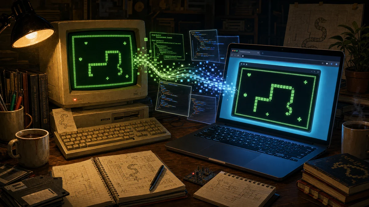 Een oud groen Sneekie-scherm dat via pixels verbonden is met een moderne browserversie.