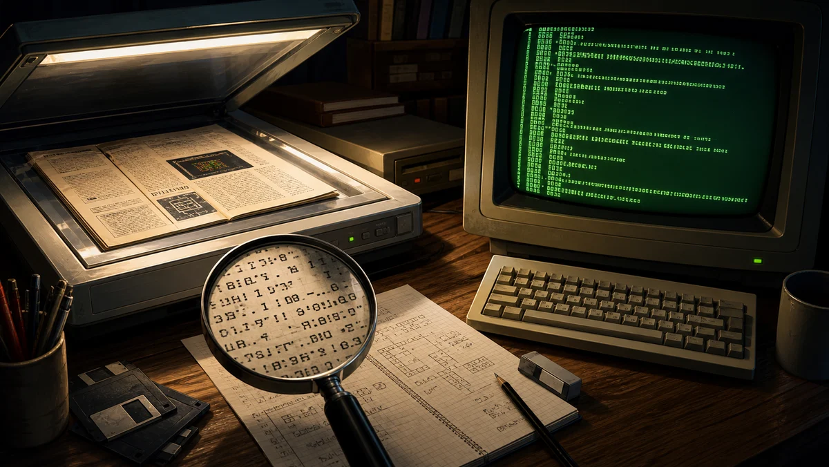 Een gescande magazinelisting wordt gecontroleerd naast herstelde GW-BASIC-code.