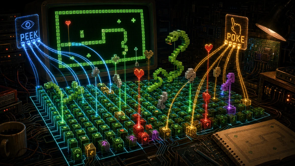 PEEK and POKE beams pulling 3D hearts, clubs, arrows, stones, and snake segments from video memory.