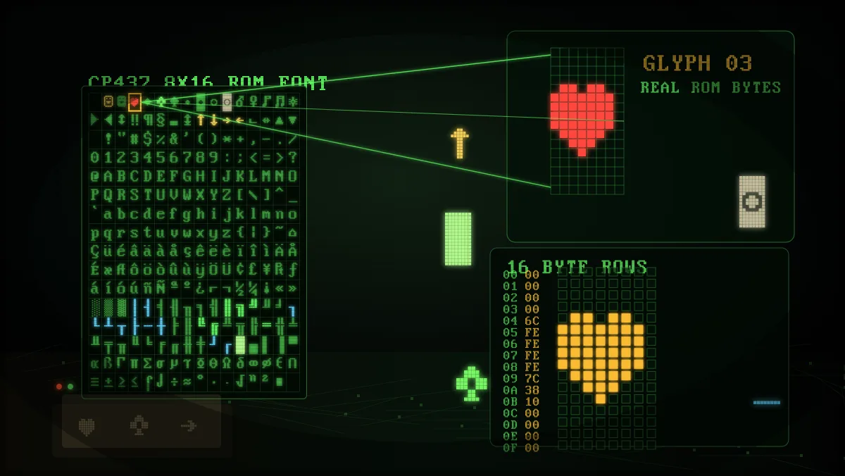 A CRT font explorer showing a CP437 glyph grid, one selected heart glyph enlarged into pixels, and its 16 byte rows.