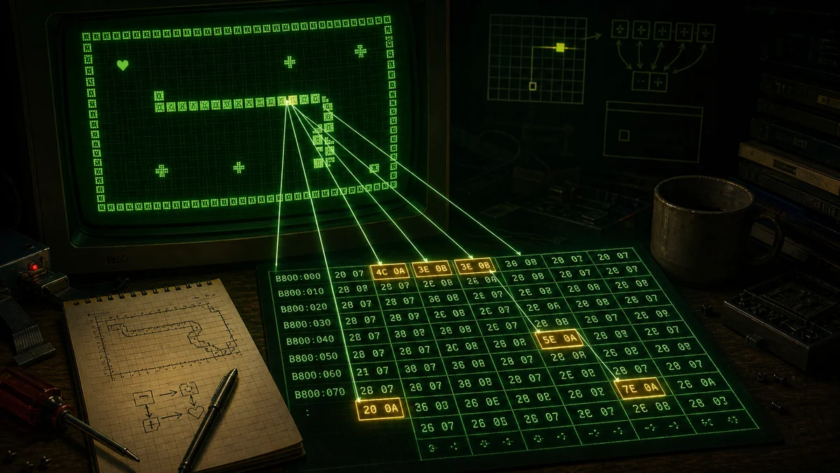 A Sneekie playfield connected to a glowing text video memory grid.